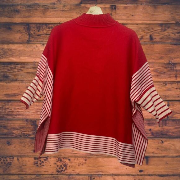 5 for $25🔥Red & White Striped Knit Sweater Poncho One Size - Picture 2 of 4
